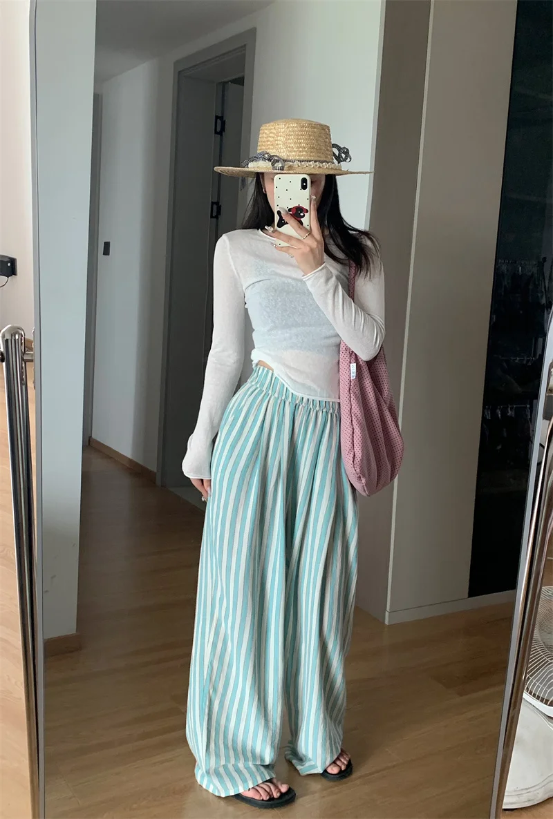 한국어 스타일 틈새 호수 녹색 느슨한 맞는 캐주얼 바지 흰색 줄무늬 편안한 벨 바지 유행 편안한 여성 바지