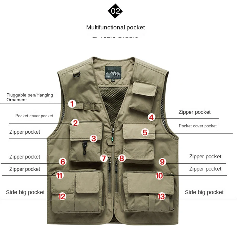 Summer Men's Vest Multi-Pocket Thin Trend Mesh Breathable Detachable Waistcoat Outdoor Mountaineering Fishing Casual Vest Male