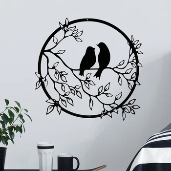 Silhouette d'Oiseaux sur Branche, Sculpture Murale en Métal Noir, Décor pour Bureau, Maison, Jardin, Chambre à Coucher, Salon 1