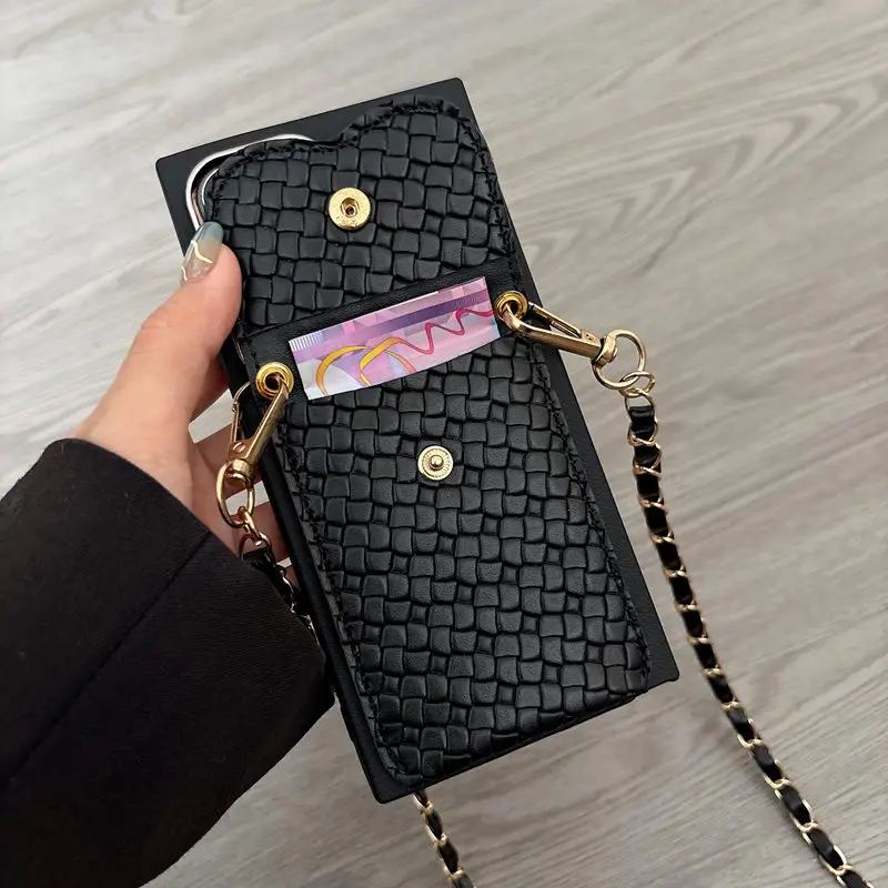 Elegant Chain Lanyard Leather Pearl Wallet Phone Case with Soft Cover