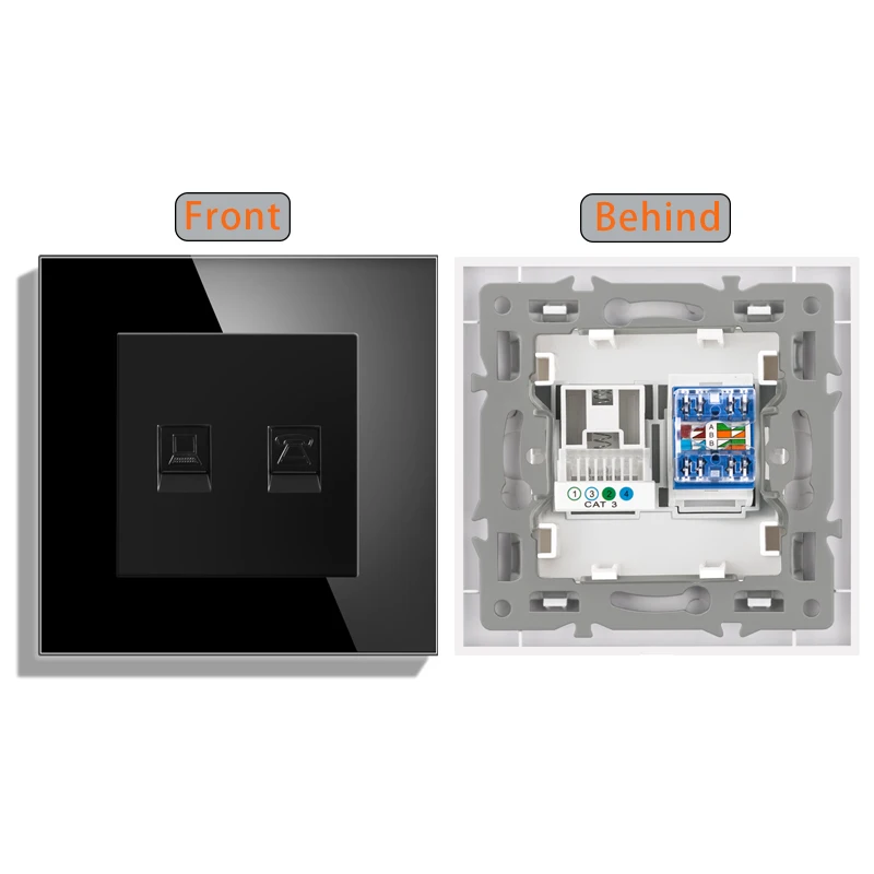thumbnail image 1 of Toma de red de pared Cat6 RJ45 con TV, toma de datos de pared doble, teléfono, panel de cristal, toma de red RJ45 para ordenador, 1 of 5