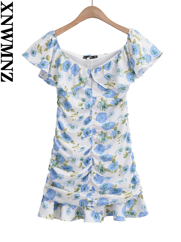 

XNWMNZ Women's Fashion 2023 Flower Print Mini dress Women Holiday Style Gathered Ruffles Slim Fit Female Chic Dresses