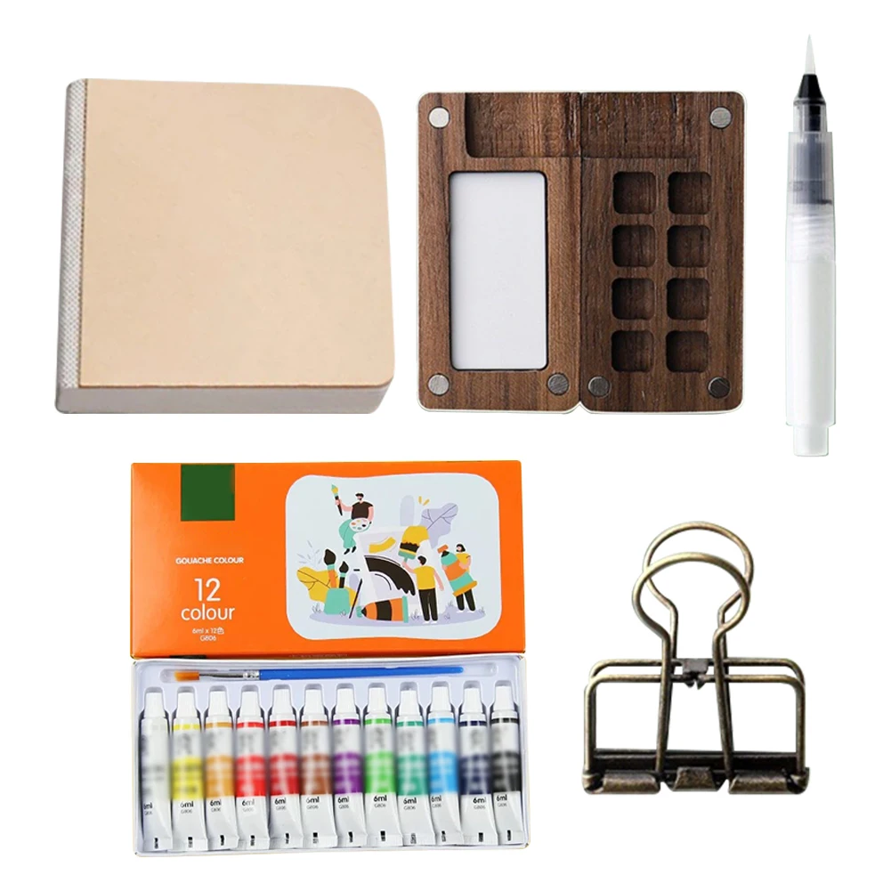 Portable Travel Paint Palette Mini Watercolor Palette Set with Clip Portable Watercolor Set Wooden Grid Paint Box Gift for Kids portable watercolor set