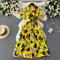 2026 Summer Women Floral Pleated Dress Vintage Turn-Down Collar Short Sleeve Single Breasted Printed Draped Midi Vestidos New - Image 2