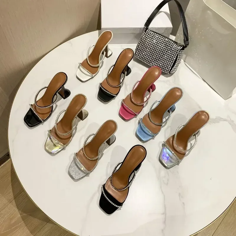 

2023new rhinestone square toe open toe sandals net celebrity word with wine glasses and slippers for women's outer wear