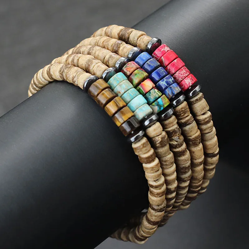 Coconut Bead Unisex Bracelet with Natural Wooden Stone