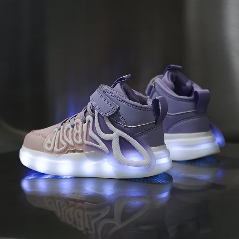 Children Led Light Shoes High-top Kids PU Leather Walking Flats USB Charging Luminous Shoes Boys Girls Lightweight Chunky