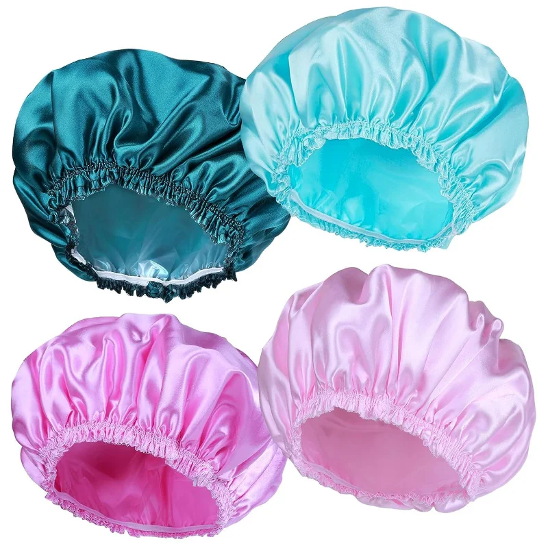 

Double Waterproof Layers Shower Cap Elastic Reusable Bath Caps Protection Hair Bath Hat for Bathing Cooking Baking Cleaning