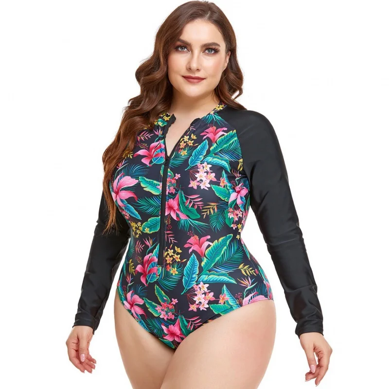 New plus Size Long Sleeve Women's Swimsuit Surfing Suit round Neck Zipper Printed Stitching One-Piece Swimsuit for Women