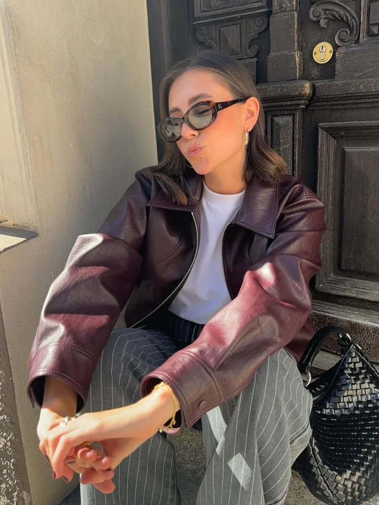 Vintage Solid Women's Pu Leather Jackets With Pockets Fashion Lapel Zipper Buttons Coats 2024 Autumn Chic Lady High Streetwear 2