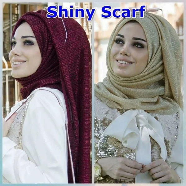 

Shimmer Pleated Scarf Plain Shiny Shawl Fashion Muslim Hijabs Elastic Gold Silk New Women's Headscarf Neck Protection Scarves