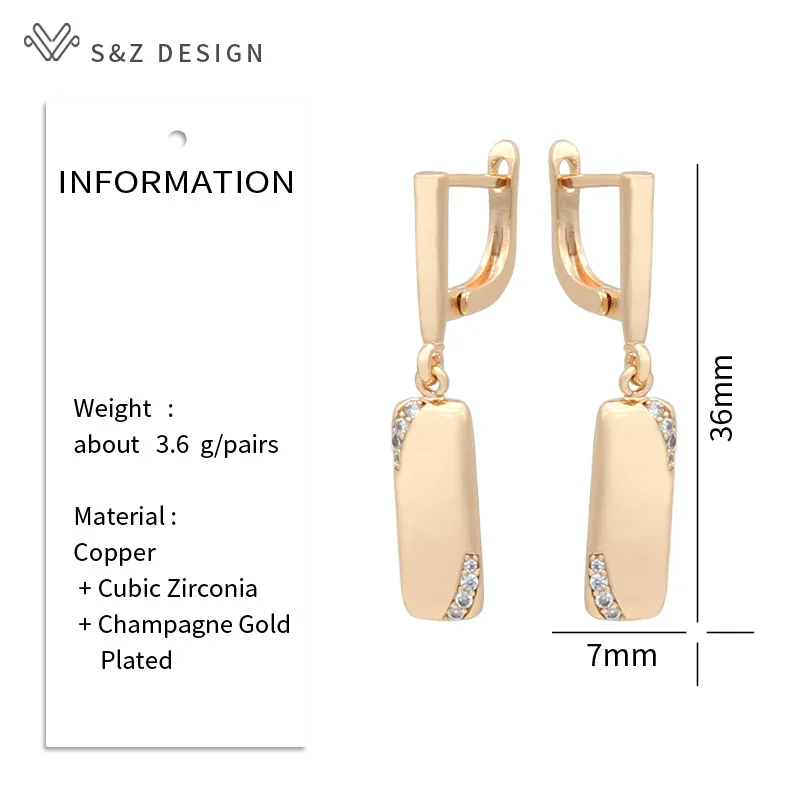 S&Z DESIGN New Symmetry Square Metal Dangle Earrings 585 Rose Gold Color Natural Zircon Women Wedding Vintage Fashion Jewelry