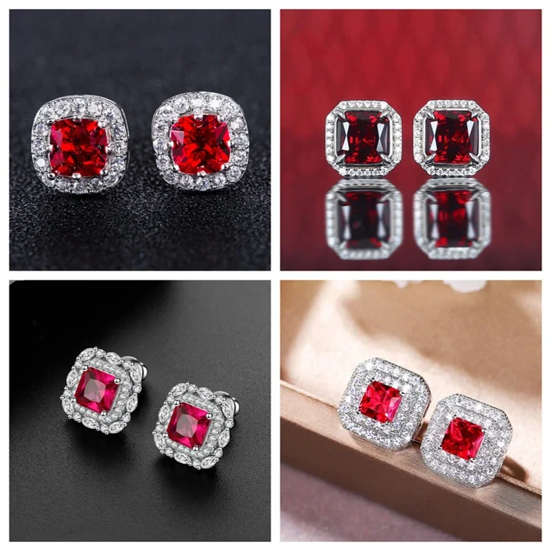 

Bright Square Red Cubic Zirconia Stud Earrings for Women Simple Elegant Ear Piercing Accessories Bridal Wedding Jewelry