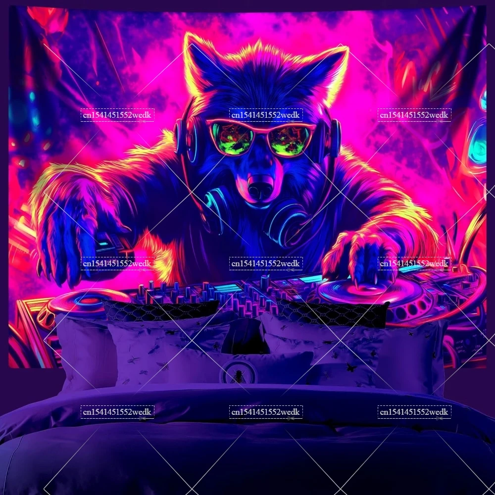 Tiere DJ Gorilla Musik Schwarzlicht Wandteppich UV Reaktive Galaxy Fluoreszierende Wandteppiche Raumdekoration Ästhetische Neon Party Kulissen – Detail 3