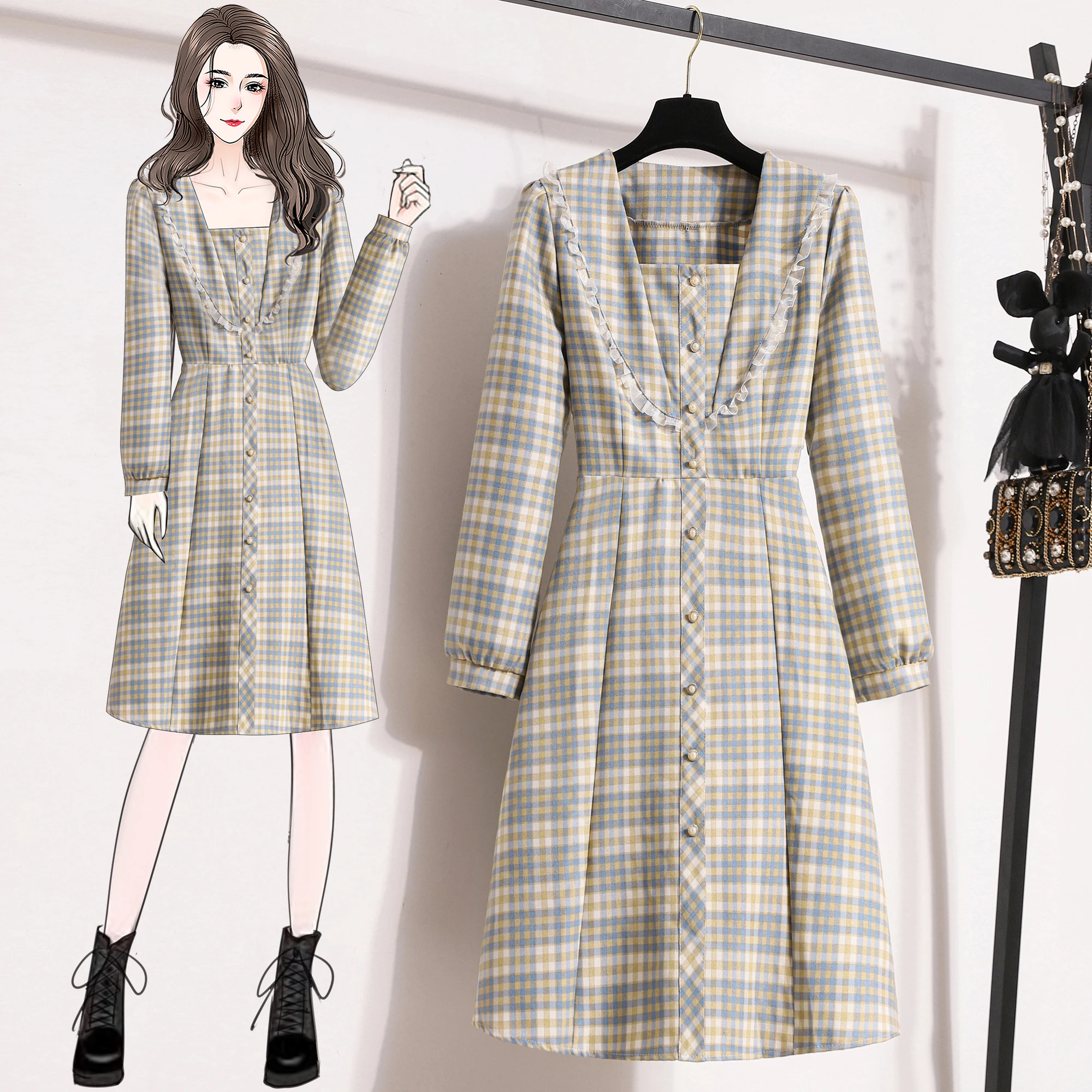 

Eary Autumn Fashion Women's Korean Style Sweat Dress Long Sleeve Elegance Plaid Empire Waist A-line Frocks Dating Casual Wearing