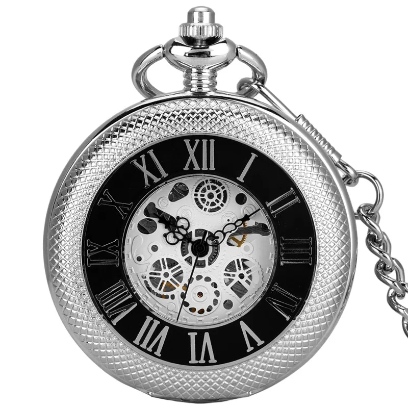 Silver Engraved Roman Number Cover Men Women Skeleton Handwinding Mechanical Pocket Watch FOB Chain Hollow-out Case Clock