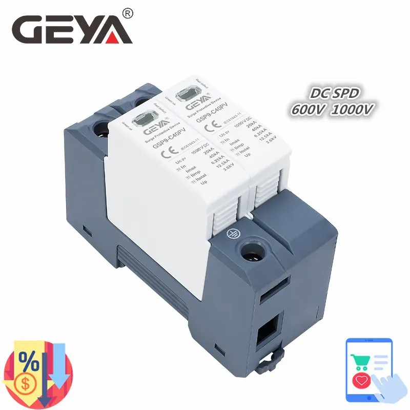 GEYA GSP9 Photovoltaic DC SPD 2P 600V 1000V 20KA~40KA Surge Protector Protective Device Lightning Protection Din Rail T1+T2
