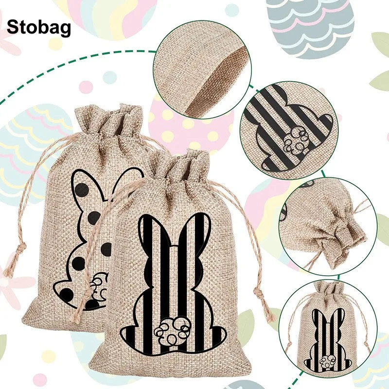 

StoBag 50pcs Wholesale Happy Easter Linen Drawstring Small Bags Rabbit Bundle Pocket Kids Candy Gift Packaging Reusable Pouches