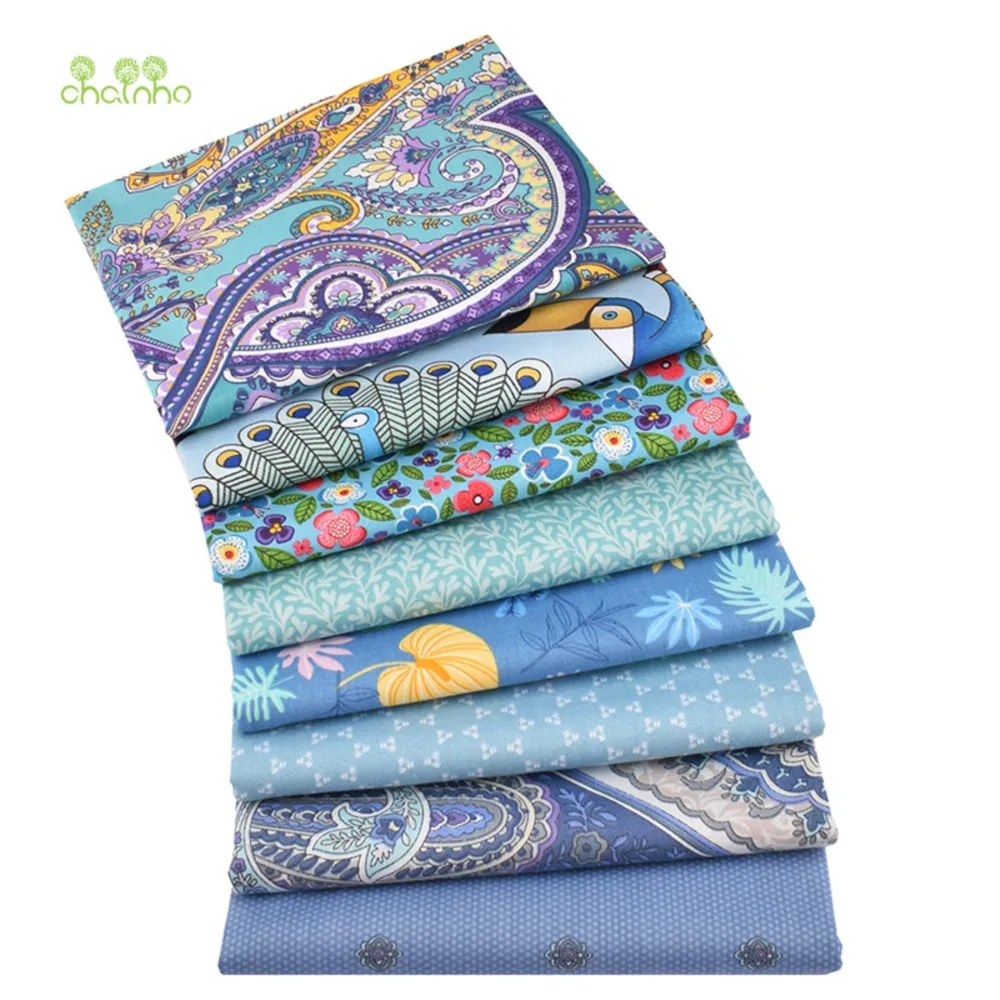Chainho,Printed Twill Weave Cotton Fabric,Patchwork Cloth,DIY Quilting Sewing Material,Blue Floral Series,4 Specification,CC046