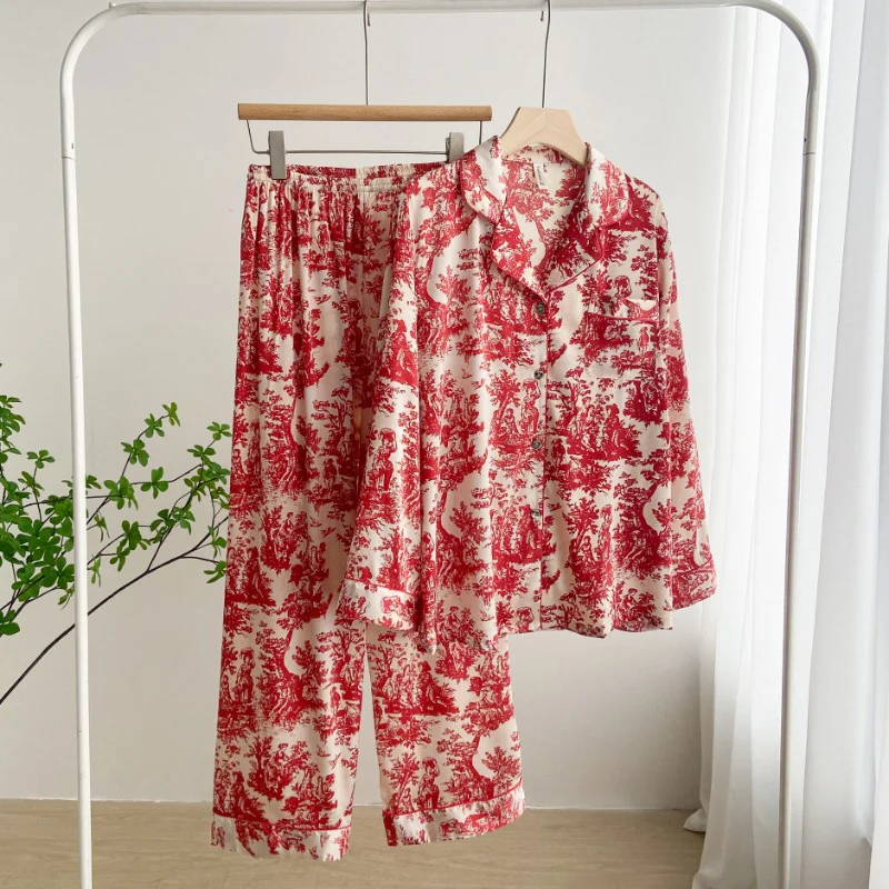 New Spring Summer Ink Printed Ice Silk Pajamas For Women Korean Long Sleeved Cardigan Lapel Pants 2Pcs Female Home Sleepwear Set