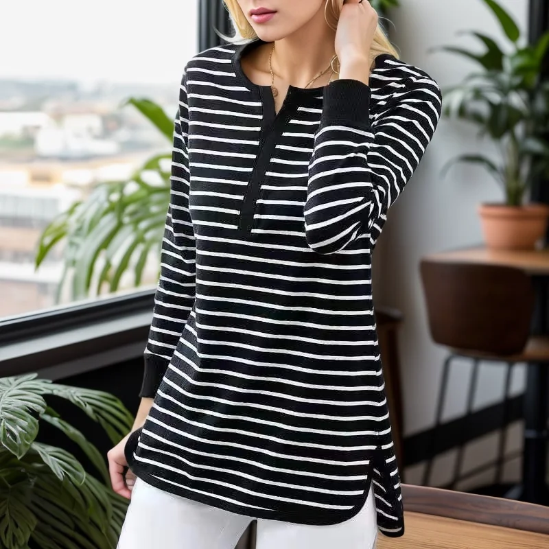 

2023 New Autumn Spring Polyester O Neck Long Sleeve Woman T-shirts Fashion European Style Striped t shirt