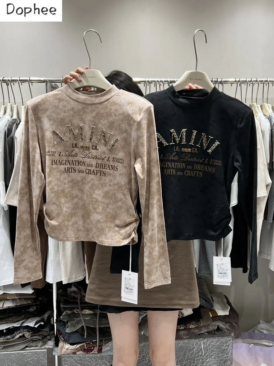 

Thicken Velvet Women Basic Shirt 2023 New Autumn Winter Letters Beads Long Sleeve T-shirt High Waist Spice Girls Skinny Crop Top