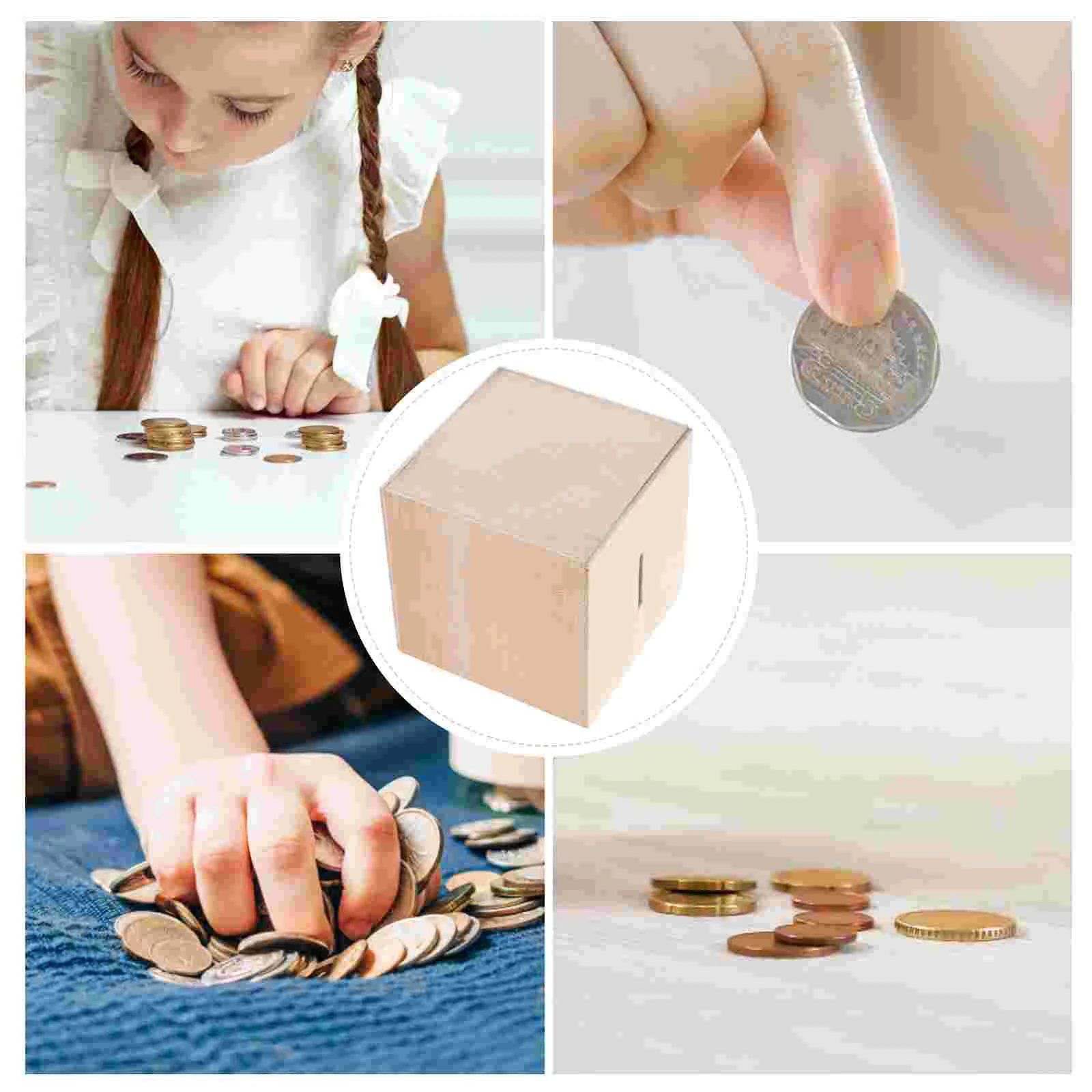 4 Pcs Children's Piggy Bank Square Blank Change Container Wooden Coin Case Kids Boys 4