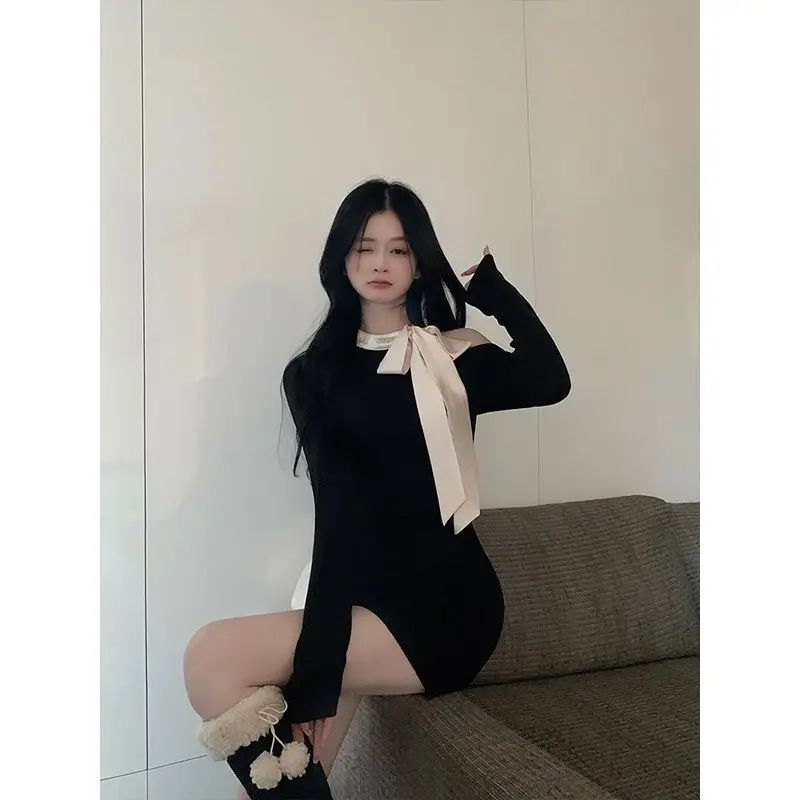 

Платье женское осенне-зимнее новое внутреннее платье с бантом Сладкая и пряная черная юбка на бедрах с ветром