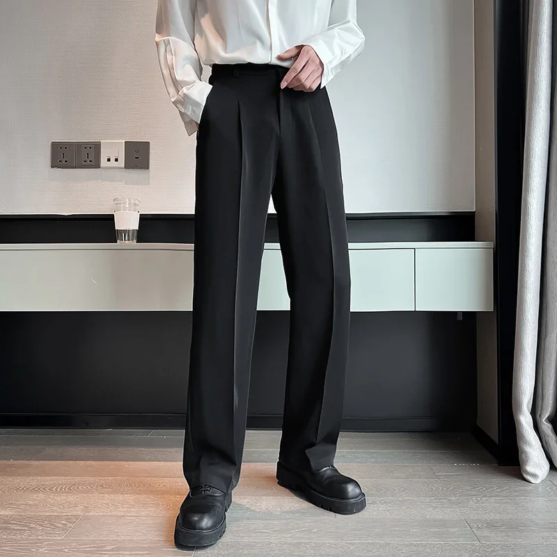 Pantalones de traje de pierna ancha para hombre, Pantalones rectos de cintura alta, ropa de calle de gran tamaño, sólido, informal, holgado, blanco y negro, nuevo
