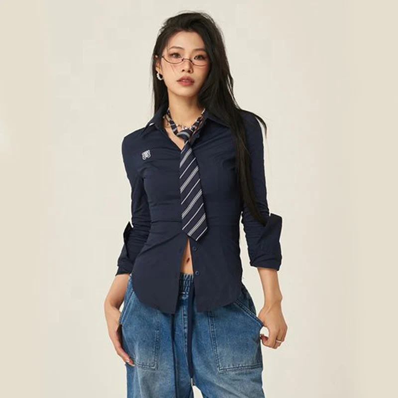 Camisa blanca coreana con corbata para mujer, Tops de solapa de