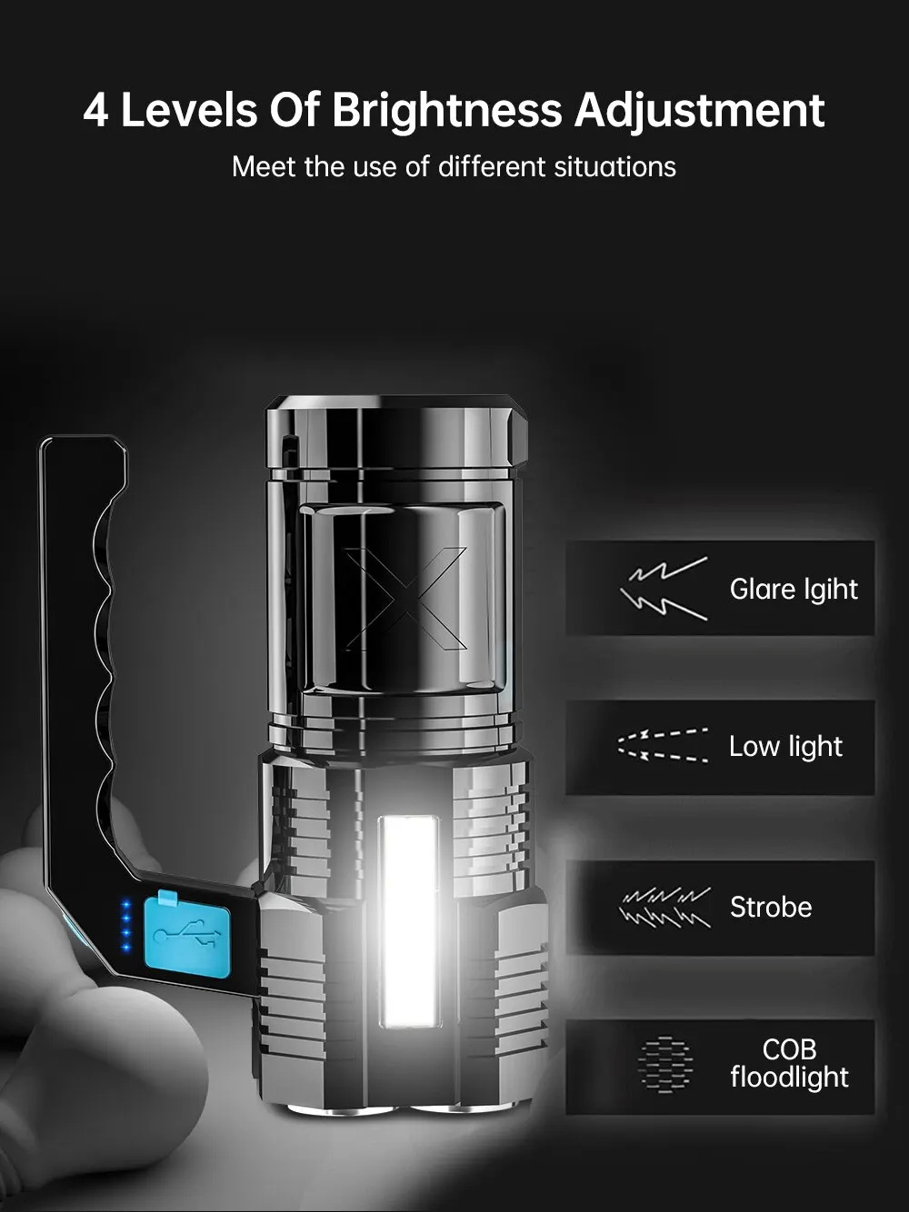Lampe Torche LED 30W Super Puissante – Rechargeable, Tactique, Avec Lumière COB Et Batterie