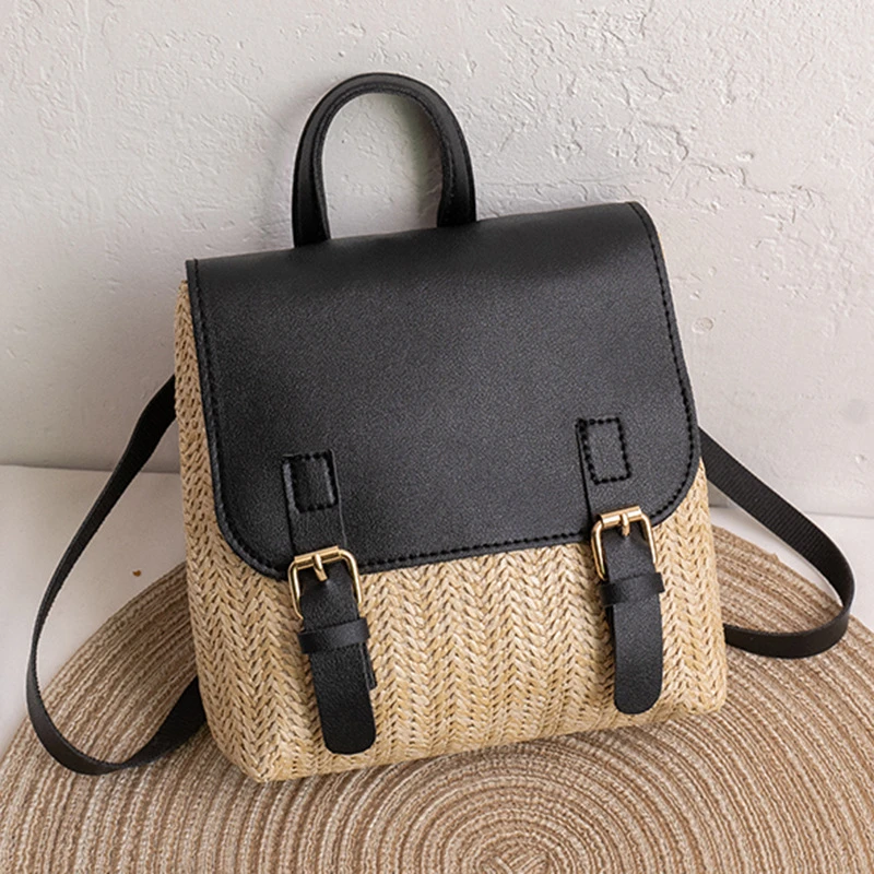 Vintage Straw Backpack Women's Fashion Shoulder Bag Versatile Straw