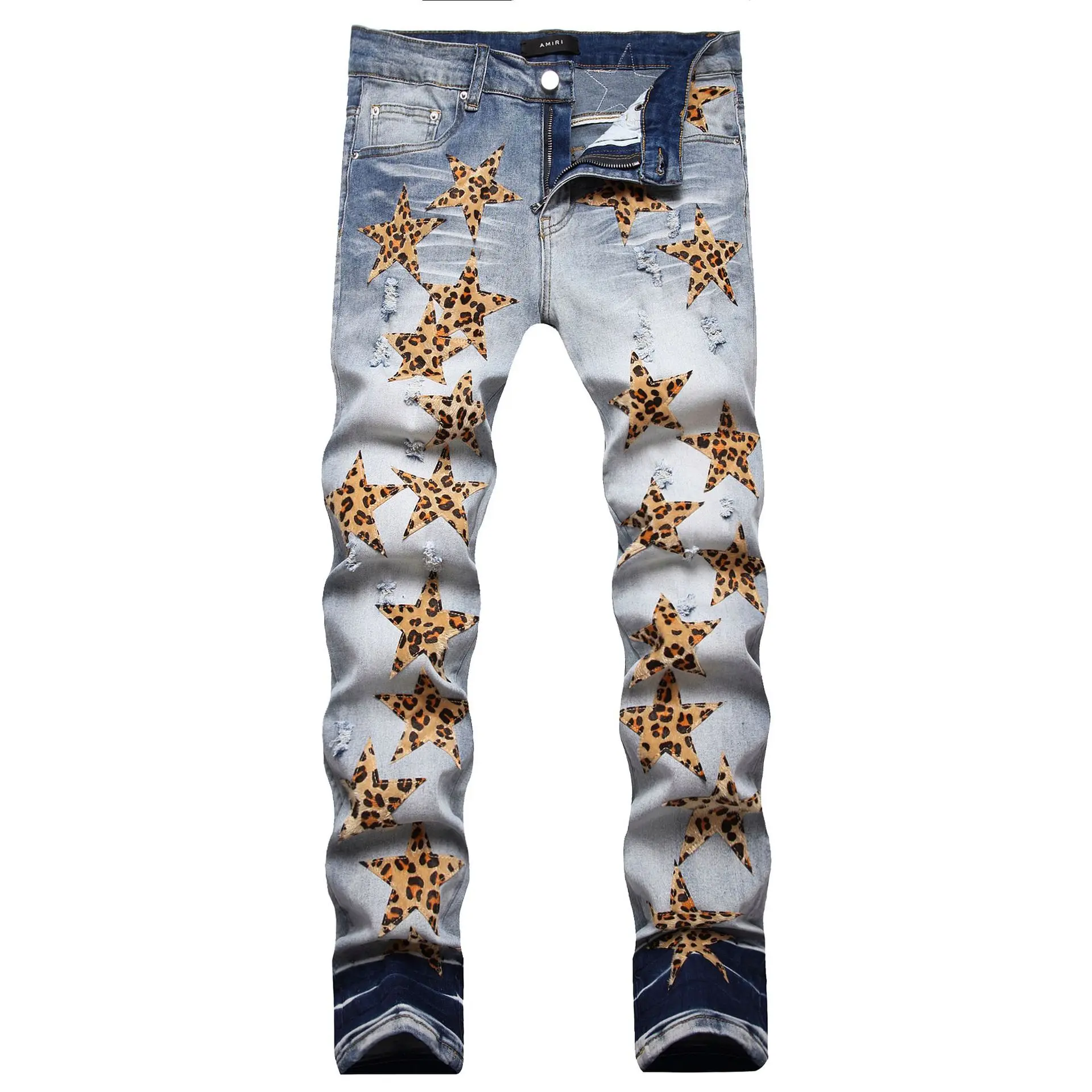 Europe and the United States embroidery ripped jeans men AM fashion brand star leopard print stretch slim pants