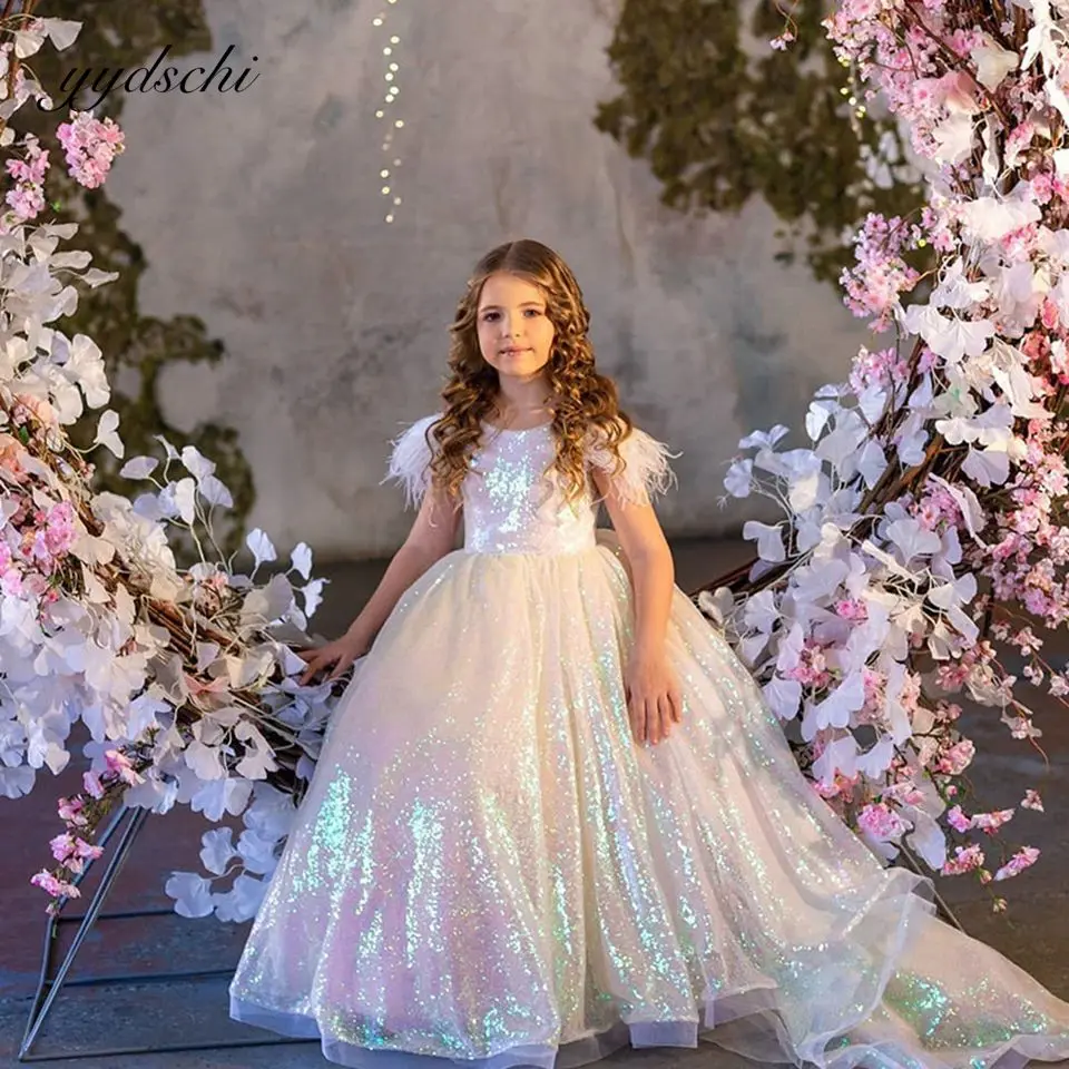 

Sparkling Sequined Feather Ball Gown Flower Girl Dresses 2023 Princess Birthday Party Children Pageant First Communion Gowns