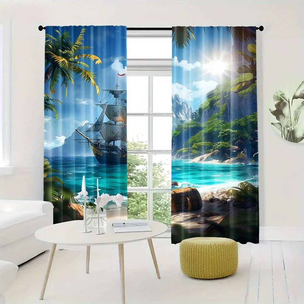 2-Piece Semi-Blackout Curtains Tropical Island Pirate Ship Palm Tree Design Rod Pocket Hanging for Bedroom Floor Window Blinds 4