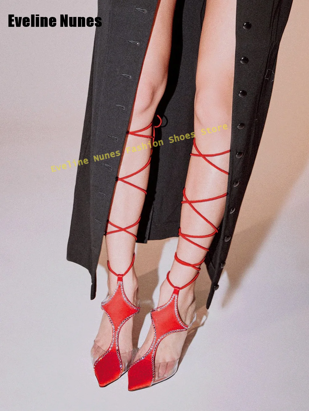 Women Rouse Red Crystal Embellishments Sandals Pointed Toe Stiletto Pvc Transparent Ankle Strap Slingback Sexy Dress Pumps