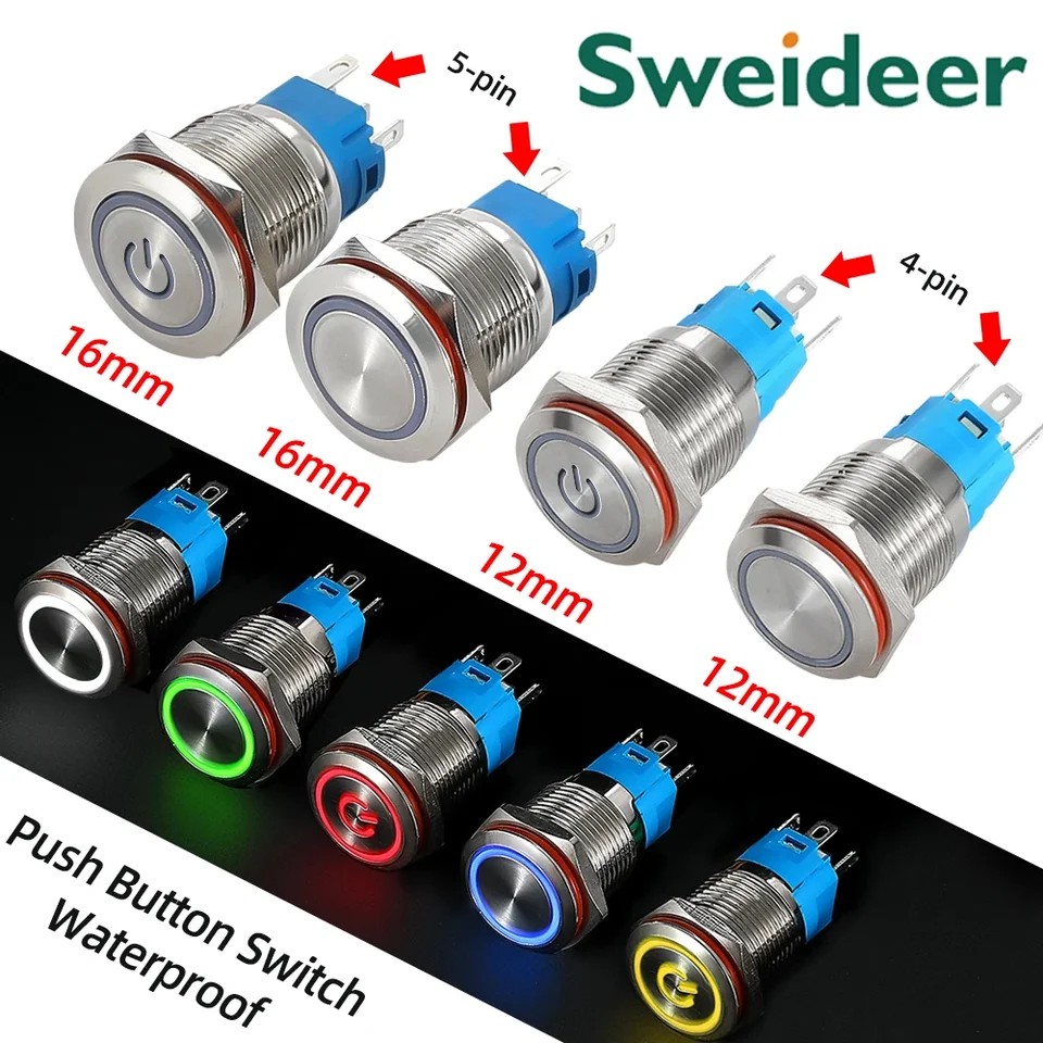 DOLUNTO 12mm Waterdicht Geoxideerd Zwart Metalen Knop Schakelaar met LED-lamp Momentary Latsing PC Power Switch 3V 5V 6V 12V 24V 220V (Color : 4PCS, Size : YELLOW_LATCHING_3-6V
