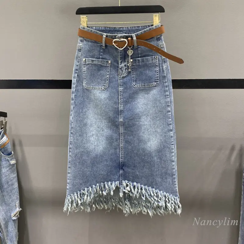 

Fringed Burr Denim Skirt for Women 2023 Summer New Retro High Waist Slimming Mid-Length Office Lady Sheath Skirts Faldas Mujer