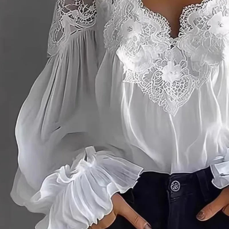 보헤미안 스타일 봄 여름 블랙 화이트 블라우스 여성 패션 레이스 스플라이스 ? ? 퍼프 슬리브 플리츠 V넥 캐주얼 셔츠 여성 새 옷