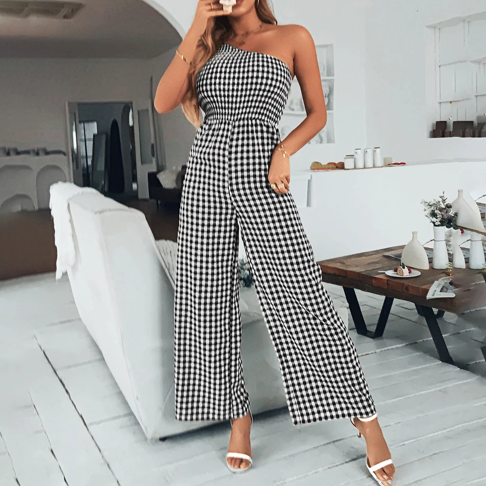

Elegant Jumpsuit Women Sexy One Shoulder Wide Legs Casual Sleeveless Plaid Rompers Summer Clothes For Woman 2023 Overalls Tops