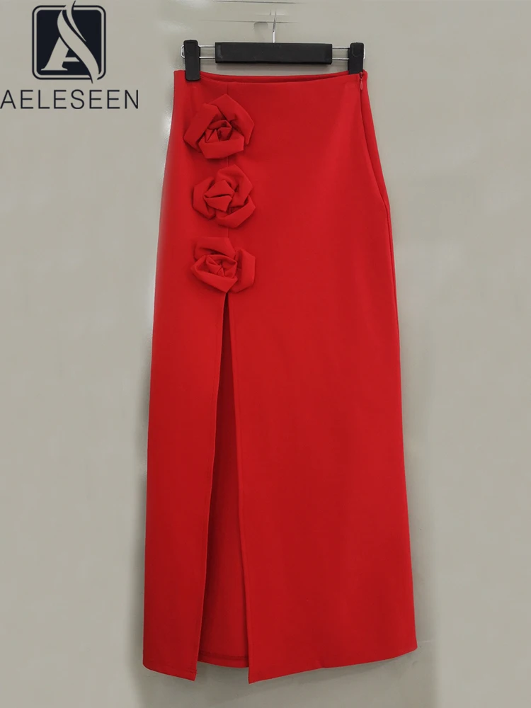 

AELESEEN Designer Fashion Slim Skirt Women High Waist Solid 3D Flower Embroidery Red Black Sexy Split Elegant Long Party