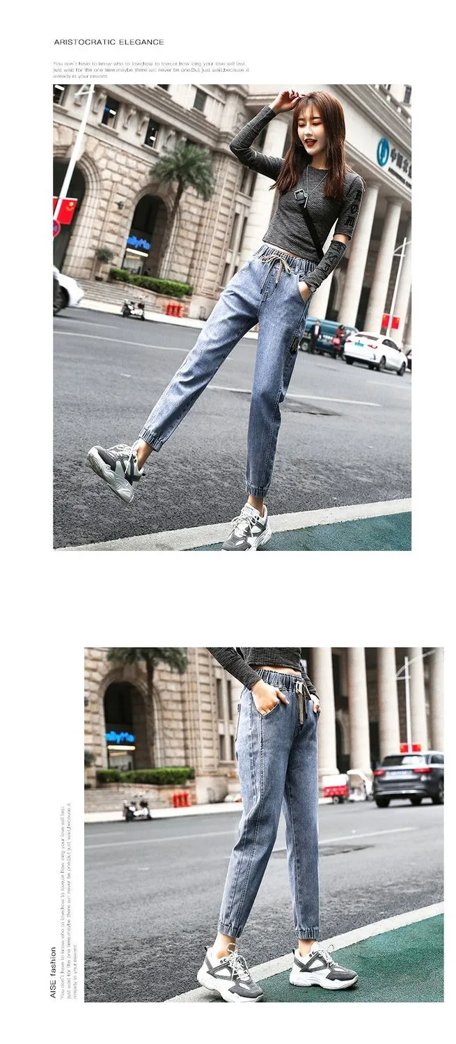 Damen lose Harem Jeans elastische Taille 2024 Frühling Herbst koreanischen Stil hohe Taille gerade kurz geschnittene Harems hose schwarz hellblau – Detail 9
