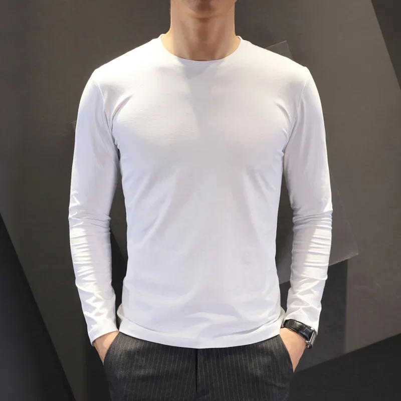 남성용 긴팔 단색 보터밍 셔츠, 슬림 O넥, 부드러운 루즈핏, 화이트, 블랙, 오버사이즈, 캐주얼 풀, 가을