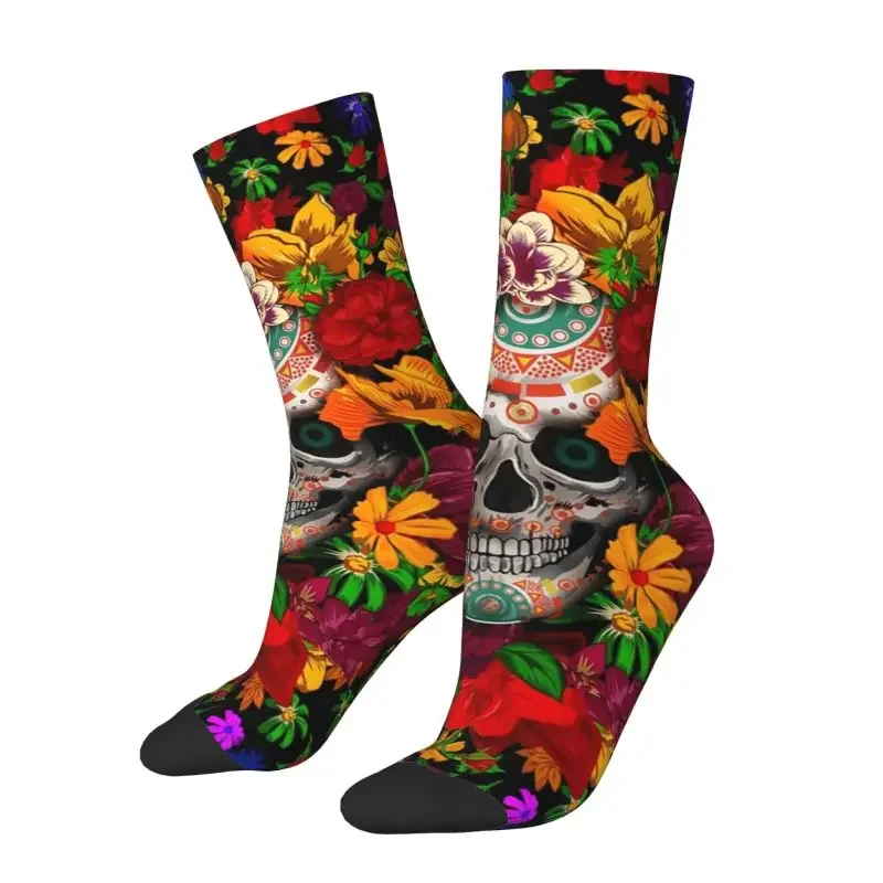 

Day Of The Dead Sugar Skull With Flower Mens Crew Socks Unisex Funny 3D Print Mexican Floral Dress Socks