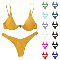 Sexy Underwire Bikini 2024 Mujer Women Solid Red Push Up Bra Thong Swimsuit Halter V Neck Bathing Suit Mini Micro Thong Swimwear - Image 2