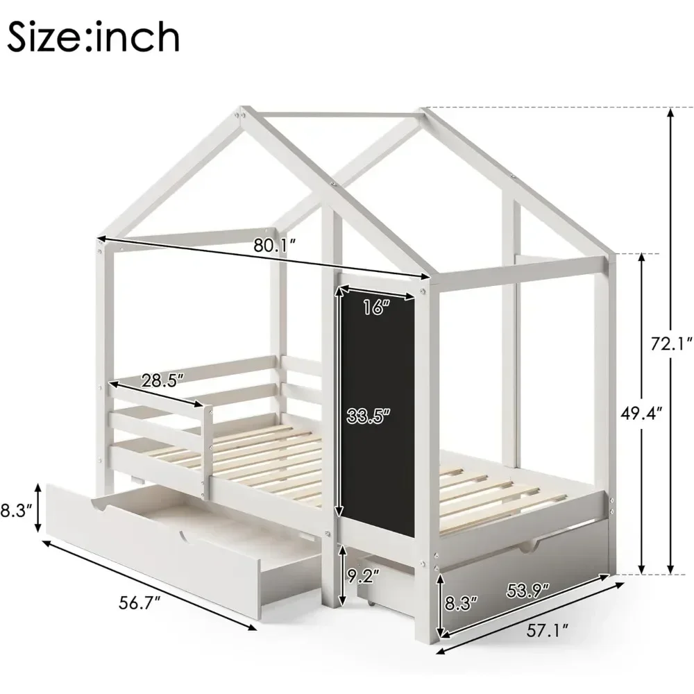 Full Size with Storage Drawers for Kid Bedroom,Solid Wood w/Blackboard Design,Super Save Space & No Box Spring Needed, White 5