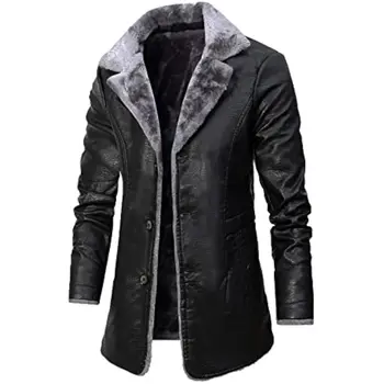 Windbreak High Quality Coat Fur Lined Button Men's Winter Faux Leather Casual Trench Coats Men's Down Lapel Collar Jackets 1