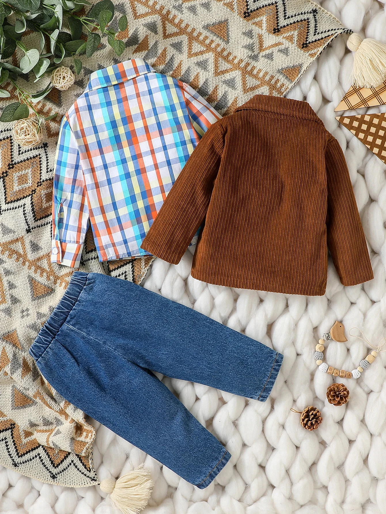 Baby Boy Plaid Shirt, Coat & Jeans Set 2