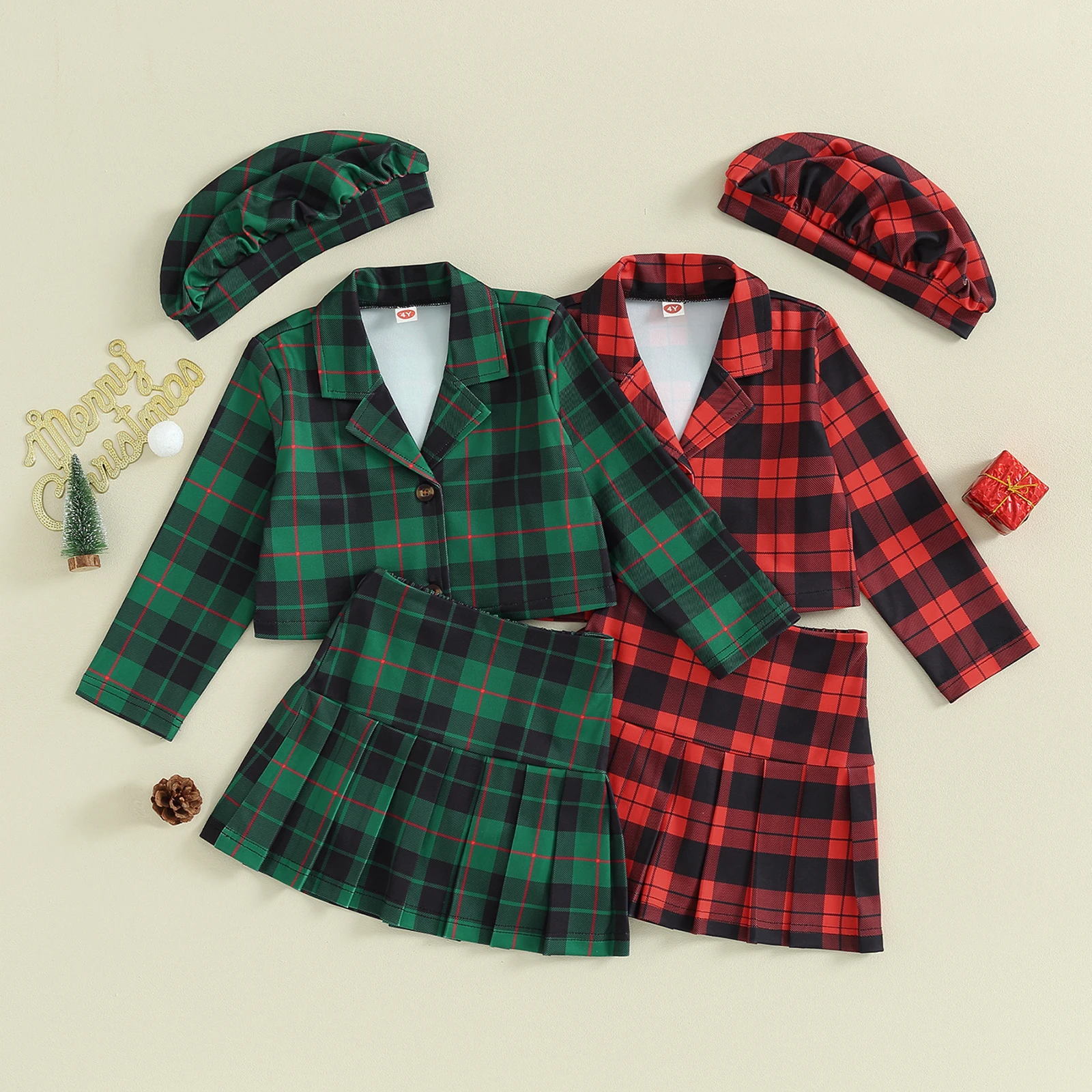 

Kids Girl Christmas Outfits Plaid Turn-Down Collar Long Sleeve Coat Mini Pleated Skirts Beret Cap 3Pcs Fall Clothes Set