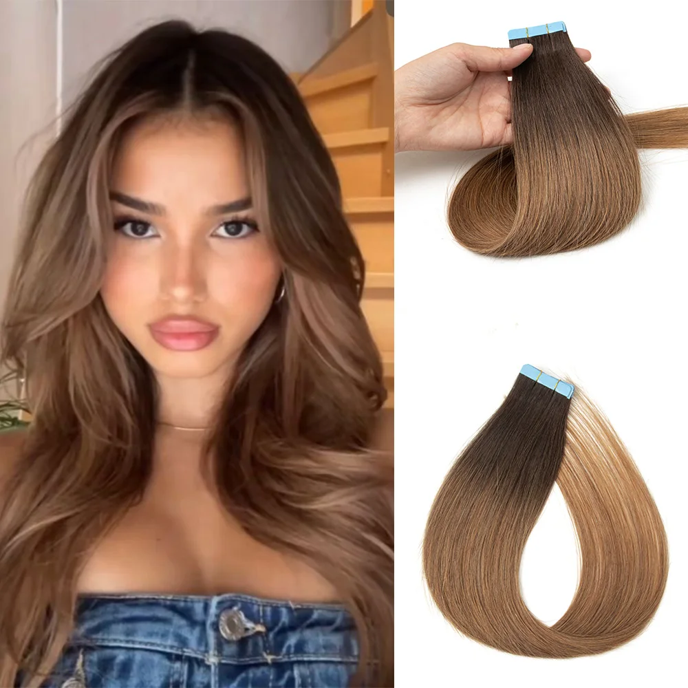 Ombre Brown Tape In Human Hair Extensions Real Human Hair Natural Seamless Skin Weft Tape Ins Extensions 20pcs/Pack